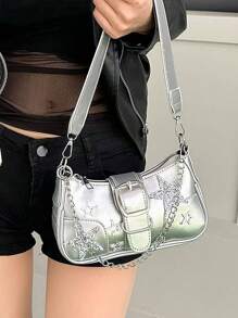 Y2K 风格百搭星月形包，设计独特，甜美酷炫的银色千禧肩带和腋下链条包，非常适合女孩在街头穿着、时尚派对和送礼时佩戴，时尚星星印花女包，时尚新月形女包，时尚星星镂空女包 - 查看 3