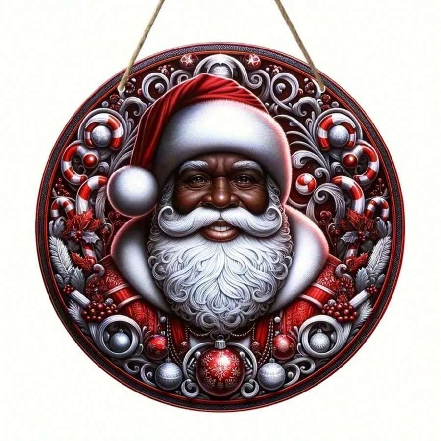 8x8 英寸复古非裔美国人圣诞老人和圣诞奶奶 2D 木质花环装饰牌 - 圆形前门装饰，手工制作墙饰，适合圣诞节和节日庆祝活动 - 多色2 - 查看 1