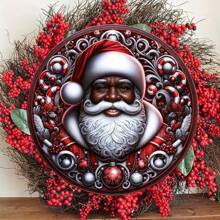 8x8 英寸复古非裔美国人圣诞老人和圣诞奶奶 2D 木质花环装饰牌 - 圆形前门装饰，手工制作墙饰，适合圣诞节和节日庆祝活动 - 多色2 - 查看 3