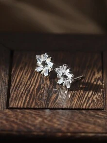 1 对 925 纯银镀铂金时尚方晶锆石水晶花耳钉，甜美森系旋转花朵耳环，适合女性派对约会日常佩戴 - 銀色 - 查看 6