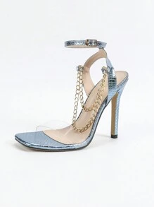 Vrouwen Slangenhuidpatroon Transparante Band Gesp Metalen Ketting Open Teen Stiletto Hoge Hak Sandalen - Elegante, Glamoureuze, Trendy Mode Party Sexy Blauwe Hoge Hakken
