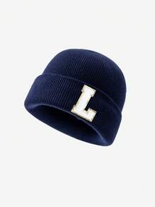 1pc Children's Letter Knitted Hat, Male And Female Children Go Out In Autumn And Winter To Keep Warm, Suitable For 3-8 Years Old Children To Go To School - Navy Blue - View 6