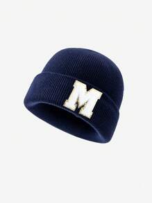 1pc Children's Letter Knitted Hat, Male And Female Children Go Out In Autumn And Winter To Keep Warm, Suitable For 3-8 Years Old Children To Go To School - Navy Blue - View 7