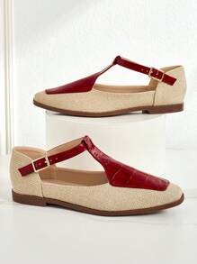Neue Ankunft französischer Retro Zweifarbige gewebte Flache T-Riemen Spitzschuh Mary Janes Ballerinas für Damen - Rot - Übersicht 4