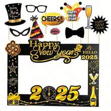 11 件 2025 新年夜派对相框套装和 10 件道具套件，纸质照片亭装饰配件，适用于节日派对 - 无羽毛，各种图案，圣诞节 - 彩色 - 查看 2