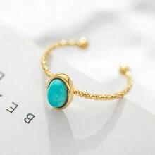 1 chiếc nhẫn thép titan khảm larimar xanh mạ vàng 18k, đồ trang trí tay đơn giản và thời trang - Vàng - Xem 3