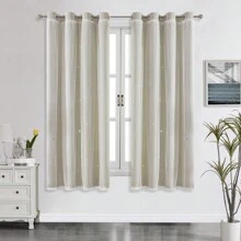 2pcs/Set Panel Curtains - Beige Solid Curtains With Laser Cut Star Holes To Darken Room, Suitable For Bedroom, Decor Home Curtain For Girls Room, Living Room