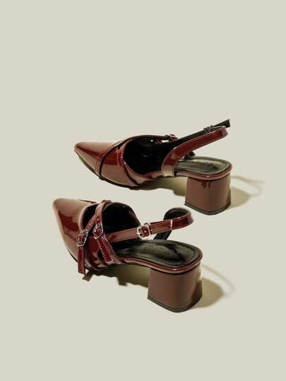 Women's Wine Red Patent Leather Pointed Toe Strap Chunky Heel Pumps High Heels, Elegant Pointed Toe Formal High Heels, Fashion Peep Toe Slingback High Heels