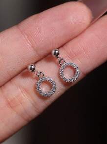 1 对 925 纯银镀铂金锆石空心圆形吊坠耳环，串珠甜美别致风格，适合女性日常、约会、派对、购物、度假穿着 - 銀色 - 查看 1