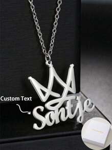 热销 DIY 镂空皇冠女王国王英文字母定制项链，街头嘻哈风格，潮流日常宴会派对装扮配饰 - 銀色 - 查看 1