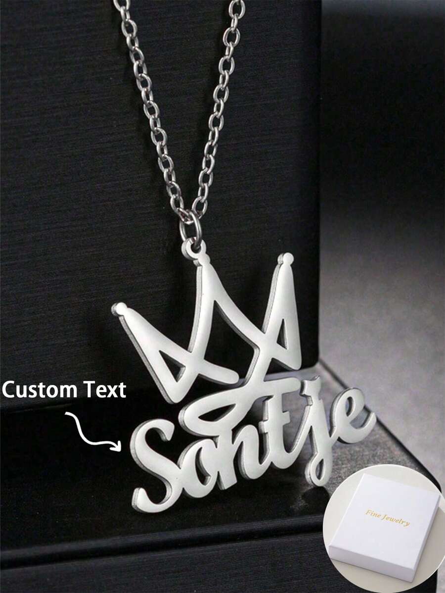 热销 DIY 镂空皇冠女王国王英文字母定制项链，街头嘻哈风格，潮流日常宴会派对装扮配饰 - 銀色 - 查看 1