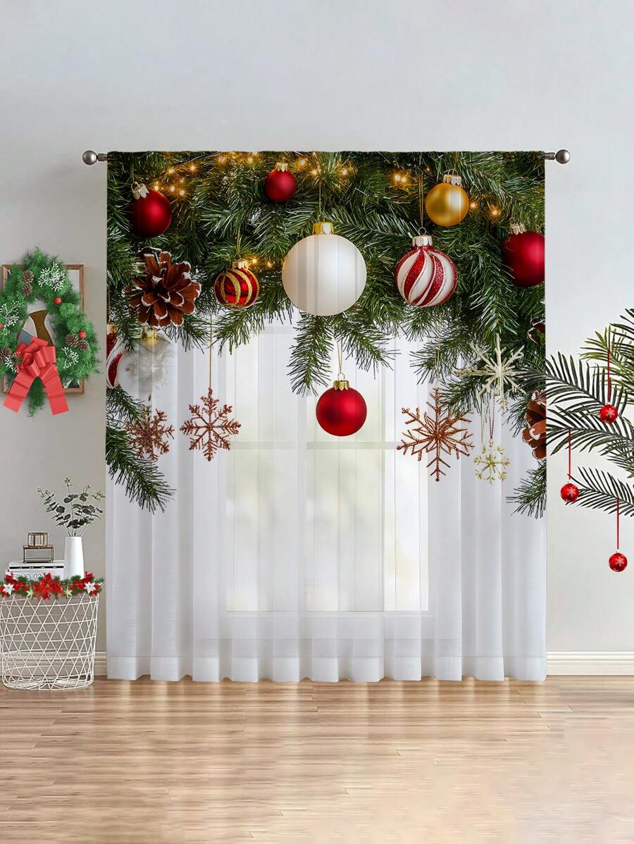 1件装圣诞装饰薄纱窗帘，饰有圣诞水果、蝴蝶结和金色气球，适用于客厅、卧室、厨房装饰。可水洗，带杆套，树叶和铃铛图案，100克/平方米