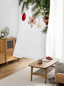 1件装圣诞装饰薄纱窗帘，饰有圣诞水果、蝴蝶结和金色气球，适用于客厅、卧室、厨房装饰。可水洗，带杆套，树叶和铃铛图案，100克/平方米