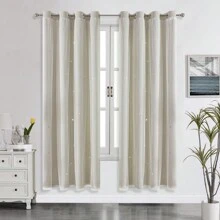 2pcs/Set Panel Curtains - Beige Solid Curtains With Laser Cut Star Holes To Darken Room, Suitable For Bedroom, Decor Home Curtain For Girls Room, Living Room