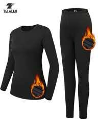 TELALEO 2 Pcs Women's Thermal Underwear Plain Base Layer Set, Long Sleeves Round Neck T-Shirt & Fleece Liner Pant Thermal Underwear Suit, Women's Activewear