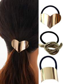 3pcs Fashionable Versatile Alloy Seamless Snag-Free Hair Ties, Gold Color Elastic Snag-Free Hair Ties Ponytail Holders, High Quality Hair Accessories, Gift For Women