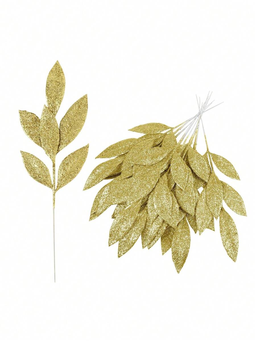 12Pcs Christmas Glitter Bay Leaf, Artificial Christmas Tree Picks Sprays For Christmas Tree Wreath Floral Wedding Bouquet Decoration,Christmas - Silver - View 1