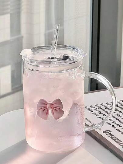 女士玻璃水杯，可爱蝴蝶结设计，透明，耐热，适用于咖啡、果汁、牛奶，带吸管和手柄，含杯盖，适合办公室、家居、送礼