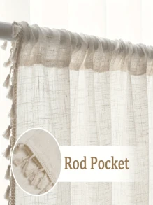 1 件波西米亚风格薄纱窗帘，杆袋顶部，光线过滤，无绳，纯色亚麻面料，季节性，适用于客厅、卧室、阳台、露台，面料重量 100-120 克，涤纶 - 米色 - 查看 1