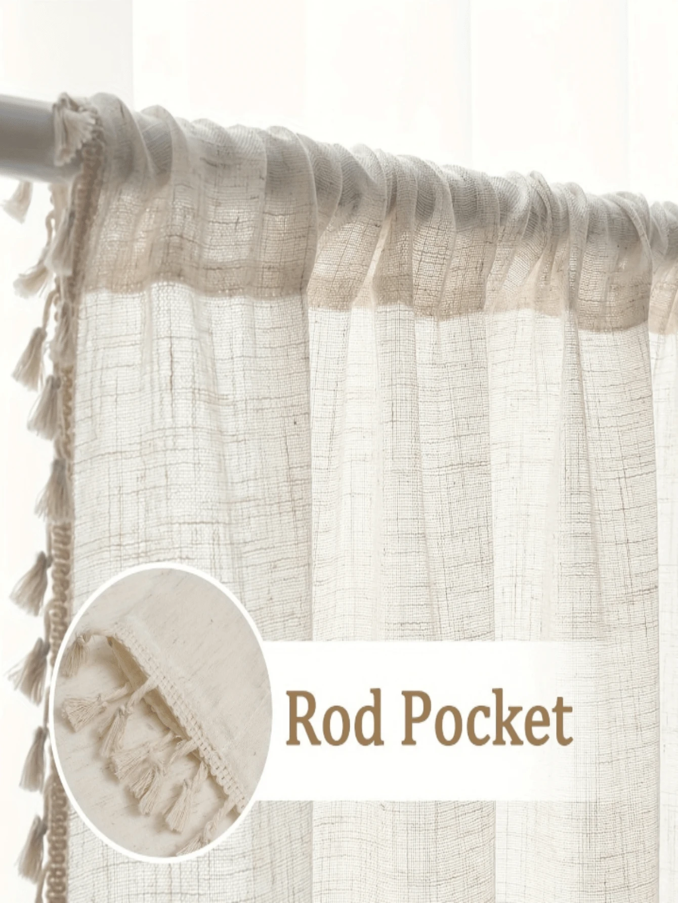 1 件波西米亚风格薄纱窗帘，杆袋顶部，光线过滤，无绳，纯色亚麻面料，季节性，适用于客厅、卧室、阳台、露台，面料重量 100-120 克，涤纶 - 米色 - 查看 1