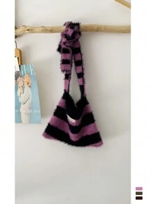 1pc New Fashionable Striped Bow Cat Ear Beanie Hat, Warm Winter Knitted Earflap Hat For Women