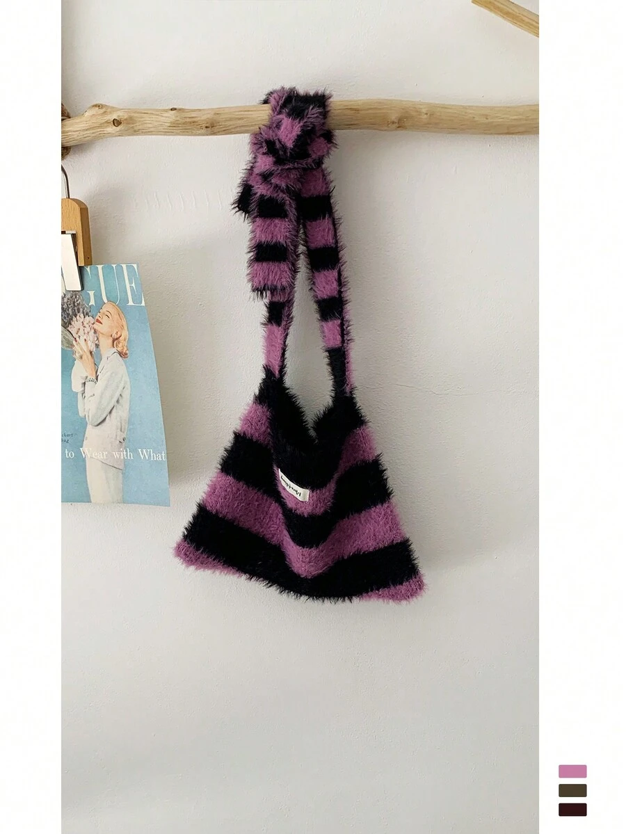 1pc New Fashionable Striped Bow Cat Ear Beanie Hat, Warm Winter Knitted Earflap Hat For Women