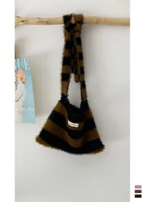 1pc New Fashionable Striped Bow Cat Ear Beanie Hat, Warm Winter Knitted Earflap Hat For Women