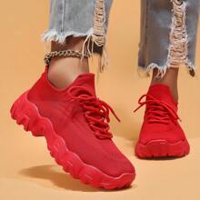 Women's Breathable Round Toe Slip-On Cushion Sneakers, Ladies' Casual Knitted Shoes - 紅色 - 查看 4