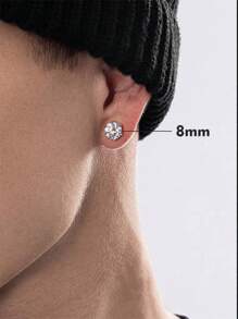 2 件男士简约圆形方晶锆石耳钉