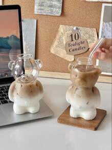 1 件可爱泰迪熊设计硼硅酸盐玻璃杯，创意卡通咖啡/果汁/奶茶杯返校 - 透明 - 查看 1