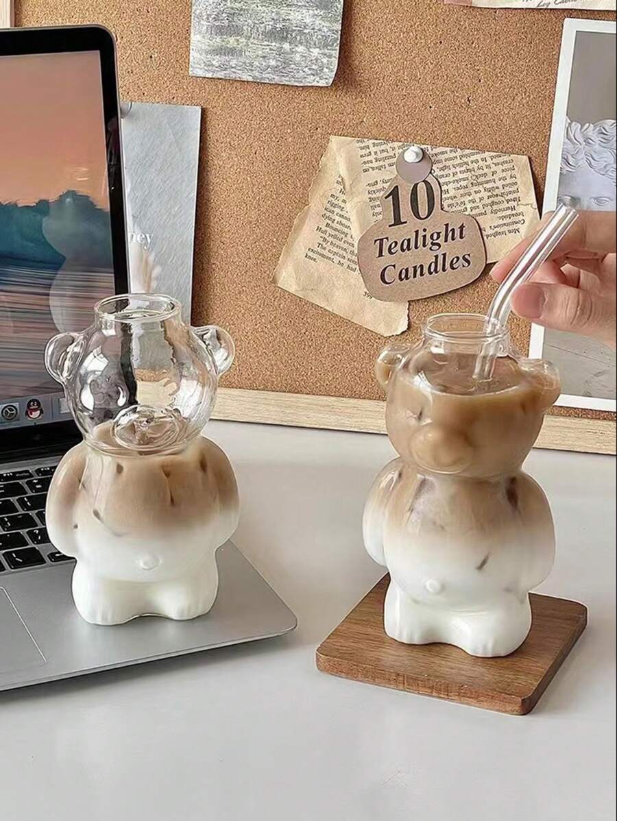 1 件可爱泰迪熊设计硼硅酸盐玻璃杯，创意卡通咖啡/果汁/奶茶杯返校 - 透明 - 查看 1