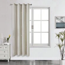 2pcs/Set Panel Curtains - Beige Solid Curtains With Laser Cut Star Holes To Darken Room, Suitable For Bedroom, Decor Home Curtain For Girls Room, Living Room