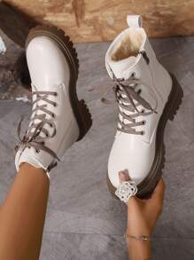 2025 Otoño/Invierno Nuevos zapatos de mujer, Botas cálidas de mujer, Zapatos casuales versátiles y de moda para mujer, Botines de cuero superior, Botines planos, Botines con cremallera lateral con cordones, Botas clásicas, Zapatos de invierno para mujer - Beis - Ver 2