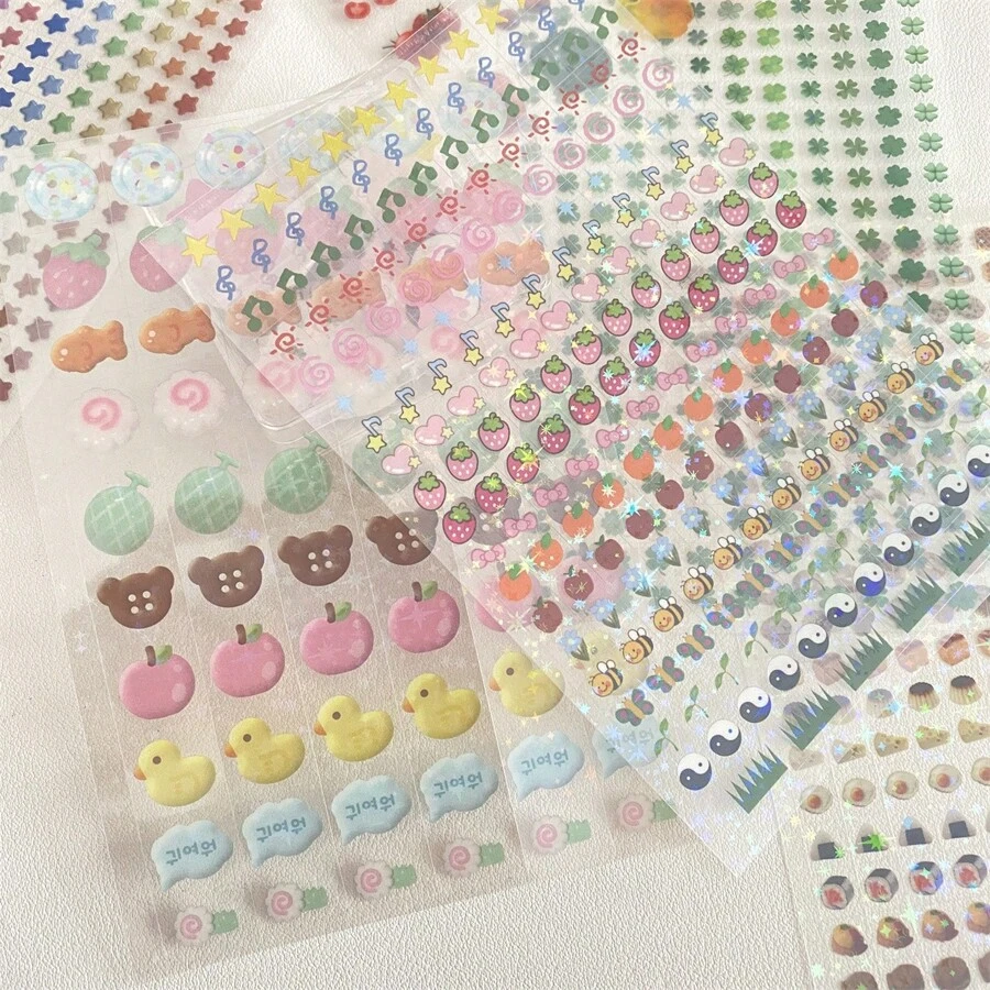 Random 6pcs Cute Square Cut Film Transparent Glitter Stickers Four-Leaf Clover Food Small Elements Journal Decor Stickers Back To School - Color - View 1