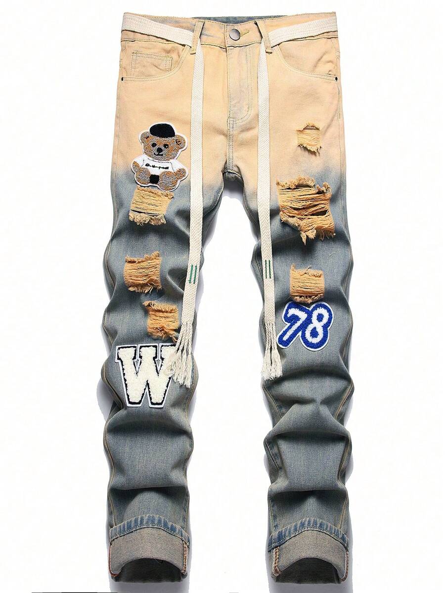 Men Bear & Letter Patched Ripped Slim Straight Jeans - Light Wash - View 1