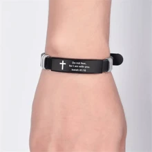 1 件可调节男士基督教手链，不锈钢和硅胶表带，带吊饰和圣经经文，是送给丈夫、父亲、男朋友、儿子的励志宗教珠宝礼物 - 黑色 - 查看 2