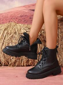 2026秋冬新款女鞋，保暖冬靴，时尚百搭休闲女鞋，真皮踝靴，黑白系带侧拉链短靴，平底女靴，女士踝靴/短靴，时尚女靴 - 黑色 - 查看 2