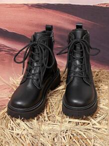 2026秋冬新款女鞋，保暖冬靴，时尚百搭休闲女鞋，真皮踝靴，黑白系带侧拉链短靴，平底女靴，女士踝靴/短靴，时尚女靴 - 黑色 - 查看 5