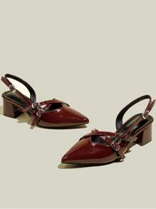 女士酒红色漆皮尖头绑带粗跟高跟鞋，优雅尖头正式高跟鞋，时尚露跟高跟鞋