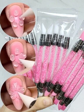 5Pcs Set Pink Dual Ended Rhinestone Nail Art Silicone Pen Sculpture Pen 3D Flower Carving DIY Manicure Brush Nail Dotting Pen