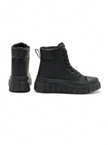 Herbst/Winter Schwarze Schnür-Stiefel mit dicker Sohle und warmem Futter, vielseitige, modische und einfache Motorrad-Knöchelstiefel für Damen im Winter