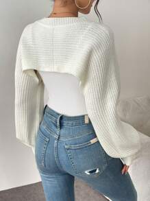 Crew Neck Solid Color Ribbed Asymmetric Hem Pullover Sweater Casual White - White - View 2
