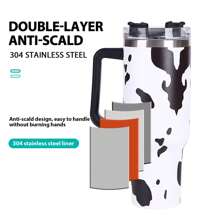 40oz 5D Cowprint Insulated Tumbler With Handle And Straw Lid Portable Large Capacity Water Bottle, Heat Preservation,304 Stainless Steel Cup For Outdoor Sports, Travel & Camping Birthday Gift - In hình con bò lớn màu trắng - Xem 5