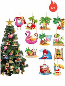 12 szt./24 szt./36 szt. Bożonarodzeniowe dekoracje z plastrami drewna plażowego, świąteczny Mikołaj, tropikalny flaming, ozdoby w kształcie deski surfingowej, letnia dekoracja choinki, artykuły na przyjęcia świąteczne, wystrój domu, wystrój pokoju, wystrój ściany