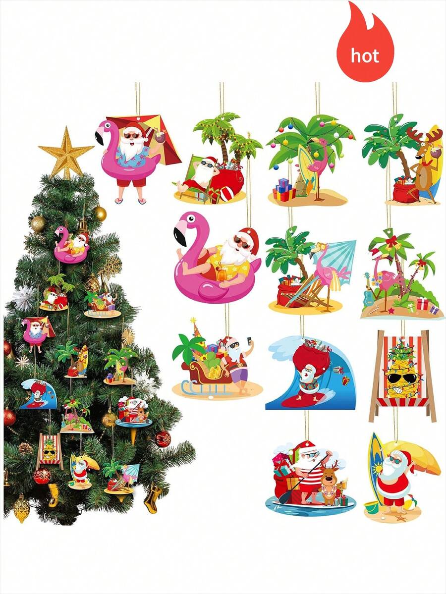 12 szt./24 szt./36 szt. Bożonarodzeniowe dekoracje z plastrami drewna plażowego, świąteczny Mikołaj, tropikalny flaming, ozdoby w kształcie deski surfingowej, letnia dekoracja choinki, artykuły na przyjęcia świąteczne, wystrój domu, wystrój pokoju, wystrój ściany