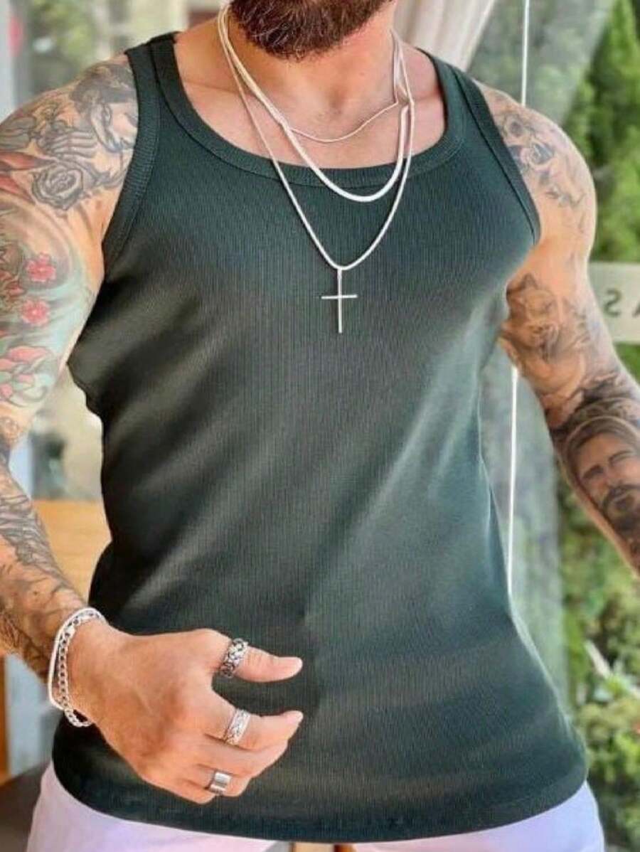 PREMIUM MEN'S AMERICAN RIBBED TANK TOP - Màu xanh lá cây đậm - Xem 1