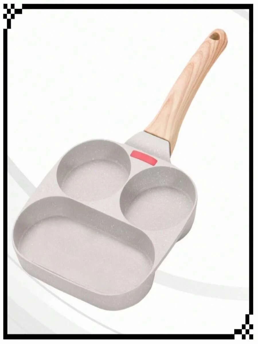 Multifunctional Non-Stick Frying Pan 4 Compartments Eggs Hamburger Omelette With Wooden Handle - 3合1白色 - 查看 1