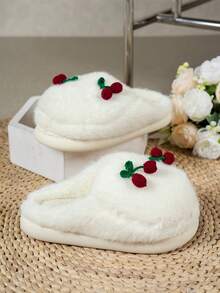 Damskie jesienno-zimowe nowe pluszowe buty z dużą główką, urocze czerwone ręcznie robione na drutach z dekoracją wiśniową 3D, kreskówkowe i słodkie puszyste kapcie, odpowiednie na co dzień, do domu, do biura, na imprezę