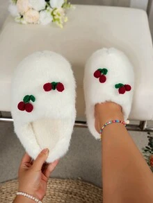 Damskie jesienno-zimowe nowe pluszowe buty z dużą główką, urocze czerwone ręcznie robione na drutach z dekoracją wiśniową 3D, kreskówkowe i słodkie puszyste kapcie, odpowiednie na co dzień, do domu, do biura, na imprezę