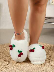 Damskie jesienno-zimowe nowe pluszowe buty z dużą główką, urocze czerwone ręcznie robione na drutach z dekoracją wiśniową 3D, kreskówkowe i słodkie puszyste kapcie, odpowiednie na co dzień, do domu, do biura, na imprezę